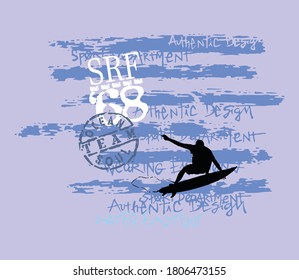 Vector illustration of irregular stripes with scribbled text and surfer silhouette.