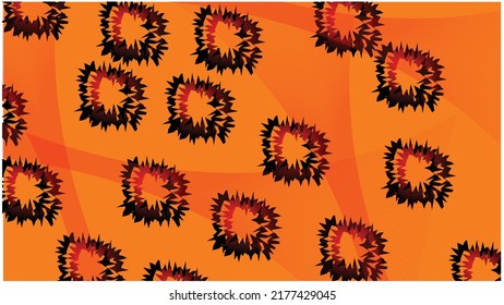 Vector illustration with irregularly spaced objects. Irregular distribution of circular objects on a deep orange background. Wavy circles with shading.