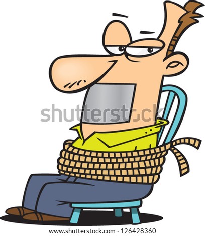 Vector illustration of irritated man tied to chair with duct tape on his mouth