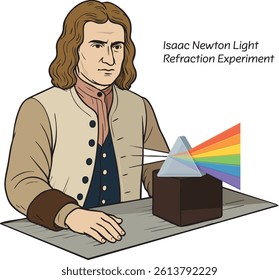 Vector illustration of Isaac Newton demonstrating the prism light experiment. White light disperses into a color spectrum through a glass prism. Educational content for physics and science.