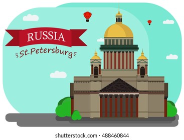 Vector illustration of Isaac's Cathedral. With simple text "Russia.St.Petersburg".Flat Design.