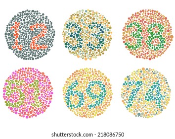 Vector illustration of an Ishihara color blindness test plate showing a number formed by colored dots, used for vision testing, diagnosing red-green color deficiency, and educational or medical purpos