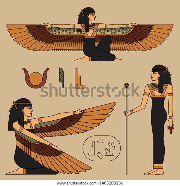 古代エジプトの女神 イシスのベクターイラスト 翼を持つ座った女性 分離型オブジェクトを含むカラーイラスト のベクター画像素材 ロイヤリティフリー