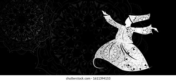 Vector illustration of islam religion concept. Dervish dance silhouette of a man in motion. Watercolor sketch with line drawing in separate layers. (In the name of Allah, the Merciful, the Merciful)