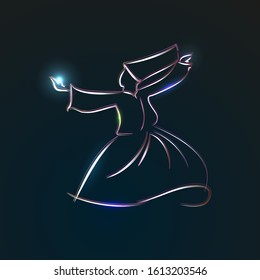 Vector illustration of islam religion concept. Dervish dance silhouette of a man in motion. Watercolor sketch with line drawing in separate layers. (In the name of Allah, the Merciful, the Merciful)