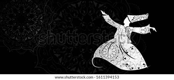 Vector illustration of islam religion concept.\
Dervish dance silhouette of a man in motion. Watercolor sketch with\
line drawing in separate layers. (In the name of Allah, the\
Merciful, the Merciful)