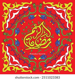 Ilustración vectorial caligrafía árabe islámica para texto (Ramadán Kareem) que significa el Ramadán para diseños, tarjetas de felicitación faraónicas y khayamiya arte egipcio de colores y patrones cambiantes