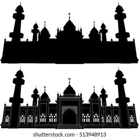 a vector illustration of an islamic asian architecture mosque domes and minarets, Silhouette.