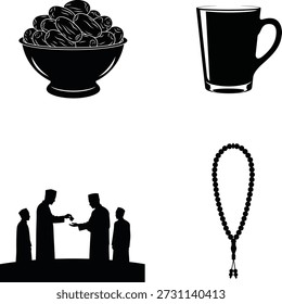 Vector illustration of Islamic charity and devotion: dates in a bowl, men giving charity, and rosary beads, in black and white.