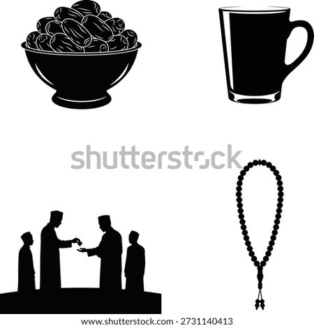 Vector illustration of Islamic charity and devotion: dates in a bowl, men giving charity, and rosary beads, in black and white.