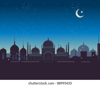 vector illustration of an islamic city skyline at night with lots of copy space in eps 10 format