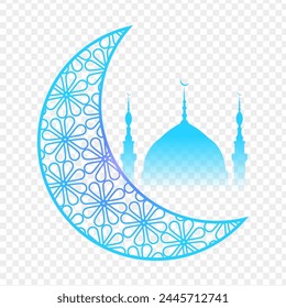 Ilustración vectorial de la luna creciente islámica con la mezquita islámica sobre fondo transparente