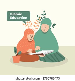 vector illustration of Islamic education - Muslim student and teacher reading the holy quran