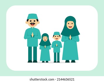 Vector illustration of islamic family. Father, mother, son and daughter. Ramadan kareem. Eid mubarak.