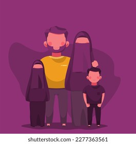 a vector illustration of an islamic family with wife and daughter wearing niqab or burkha or veil