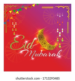 vector illustration for Islamic festival Eid, with text Eid Mubrak means Eid Mubrak ,golden moon with beautiful colorful cloudy background.