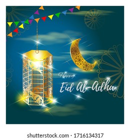 Vektorillustration Illustration für das Islamfestival Eid, schöne Lichtlaterne & Konfetti mit silbernem Mondhintergrund in bewölkter und glänzender Sternennacht.