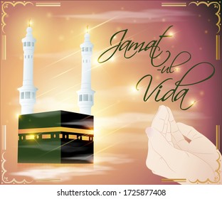 vector illustration for Islamic holy day with text jamaat-ul-vida means jamaat ul vida, illustration is showing praying hand in front of holy Islamic building on shiny star night backdrop. 