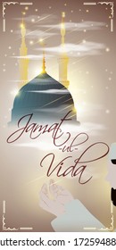 vector illustration for Islamic holy day with text jamaat-ul-vida means jamaat ul vida, illustration is showing praying hand in front of holy Islamic building on shiny star night backdrop. 