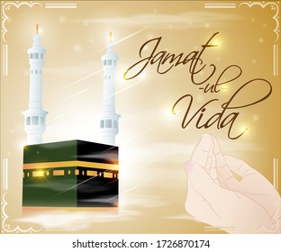 vector illustration for Islamic holy day with text jamaat-ul-vida means jamaat ul vida, illustration is showing praying hand in front of holy Islamic building on shiny star night backdrop.