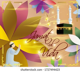 vector illustration for Islamic holy day with text jamaat-ul-vida means jamaat ul vida, illustration is showing praying hand in front of holy Islamic building on shiny star night backdrop.