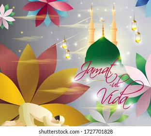 vector illustration for Islamic holy day with text jamaat-ul-vida means jamaat ul vida, illustration is showing praying hand in front of holy Islamic building on shiny star night backdrop.