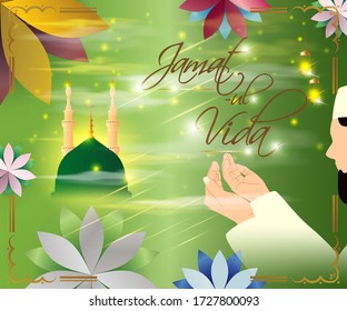 vector illustration for Islamic holy day with text jamaat-ul-vida means jamaat ul vida, illustration is showing praying hand in front of holy Islamic building on shiny star night backdrop.