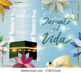 vector illustration for Islamic holy day with text jamaat-ul-vida means jamaat ul vida, illustration is showing praying hand in front of holy Islamic building on shiny star night backdrop.