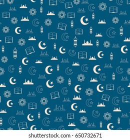 Vector illustration of islamic holy holiday Ramadan seamless pattern with mosque, moon, lantern, koran