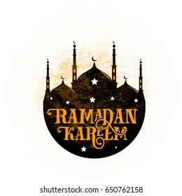 Vector illustration for an Islamic holy holiday of Ramadan. Traditional old-fashioned vintage welcome greeting with text ramadan kareem sign, grunge texture, islam character symbol
