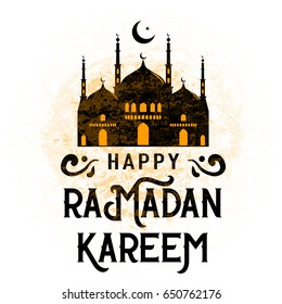 Vector illustration for an Islamic holy holiday of Ramadan. Traditional old-fashioned vintage welcome greeting with text ramadan kareem sign, grunge texture, islam character symbol