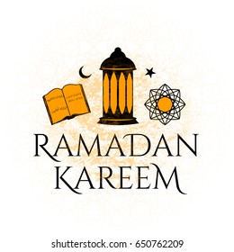 Vector illustration for an Islamic holy holiday of Ramadan. Traditional old-fashioned vintage welcome greeting with text ramadan kareem sign, grunge texture, islam character symbol