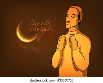 Vector Illustration of Islamic Man in Traditional clothes, Praying in front of glowing golden Moon for Holy Month of Fasting, Ramadan Mubarak Celebration.