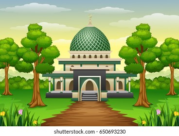 Vector illustration of Islamic mosque building with green dome in the forest