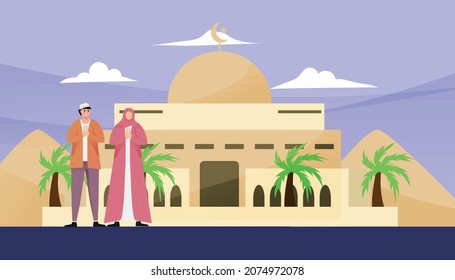 Vector illustration of islamic mosque landscape background with pyramid background.
