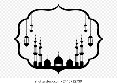 Vector illustration of Islamic mosque with lanterns silhouette on transparent background