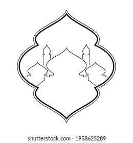 Vector Illustration of Islamic Mosque Line Art with Frame Border. Good for Greeting Card, Cover, Poster, Banner, Invitation, and others.