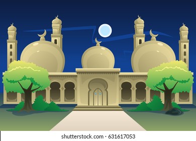 A vector illustration of Islamic Mosque at Night Time