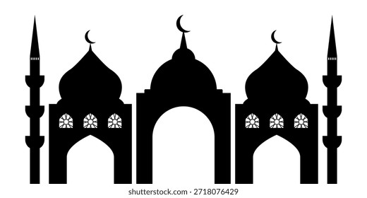 Vector illustration of Islamic mosque skyline with domes and minarets. Eid Mubarak themed silhouette design on white background