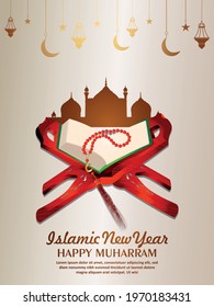 Vector illustration of islamic new year with holy book quraan and mosque