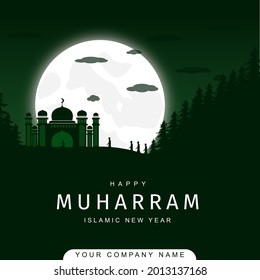 vector illustration Islamic new year greeting design mosque with moon background. banner muslim.