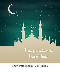 Vector illustration of Islamic new year with silhouette mosque at night