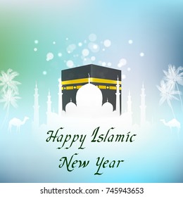 Vector illustration of Islamic new year with hajj kaaba and mosque