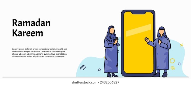 Vector illustration of an Islamic people showing mobile screen for banner, poster, and greeting card. Modern flat in continuous line style.