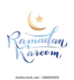 Vector illustration. Islamic  Ramadan Kareem greeting beautiful blue color lettering with gold moon and star on white background. For greeting cards, banners, posters, create and printing.