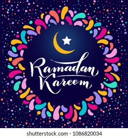 Vector illustration. Islamic  Ramadan Kareem greeting beautiful colorful lettering with moon, stars in golden round frame. Blue night sky Background. For greeting cards, banners, posters