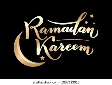 Vector illustration. Islamic  Ramadan Kareem greeting beautiful gold lettering with moon, stars. Black background. For greeting cards, banners, posters, create and printing for Ramadan Kareem.