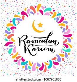 Vector illustration. Islamic  Ramadan Kareem greeting beautiful colorful lettering with moon, stars in golden round frame. White Background. For greeting cards, banners, posters, create and printing.