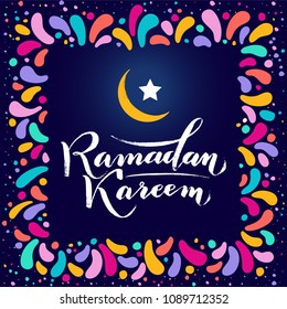 Vector illustration. Islamic  Ramadan Kareem greeting beautiful colorful lettering with moon, stars in golden square frame. Blue night sky Background. For greeting cards, banners, posters