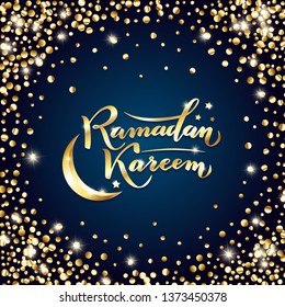 Vector illustration. Islamic Ramadan Kareem greeting beautiful isolated gold lettering text with moon, stars on night dark blue background. For Ramadan Kareem greeting cards, banners, holidays posters